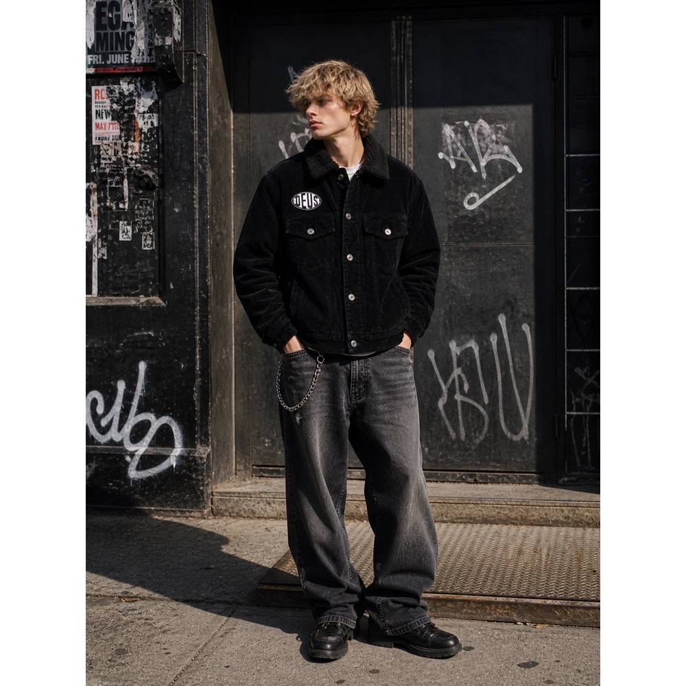 Deus Ex Machina Mens Black Corduroy Sherpa Trucker Jacket XL Y2K Streetwear
